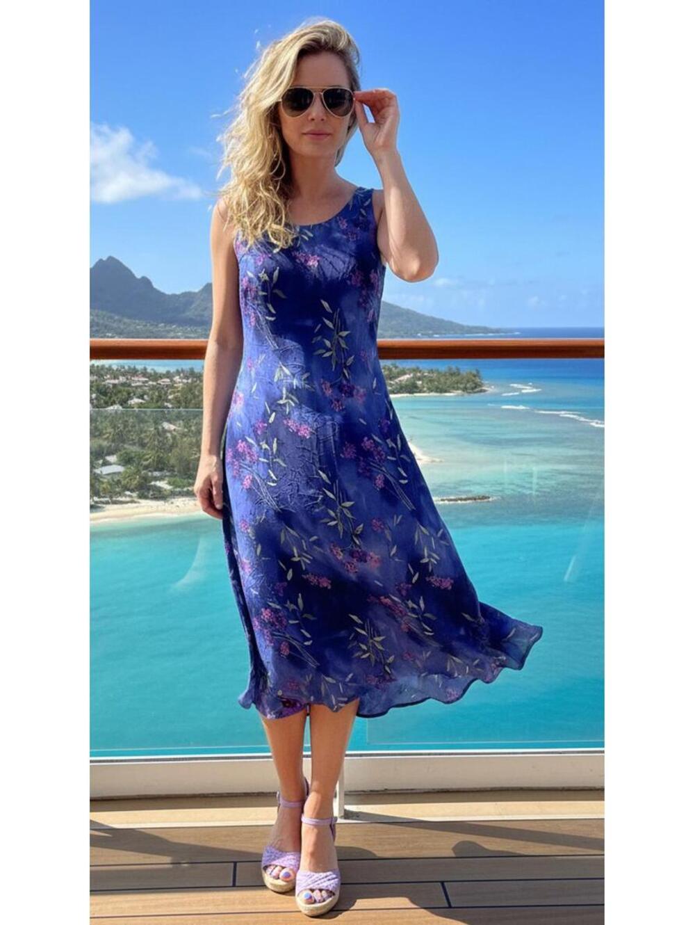 K Petite Purple Floral Sleeveless Midi Dress VTG 6P Vacation Ready